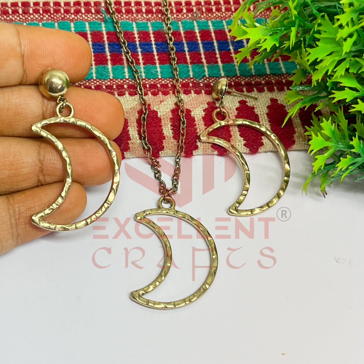 Halfmoon Pendant Necklace with Earrings Bezel Set
