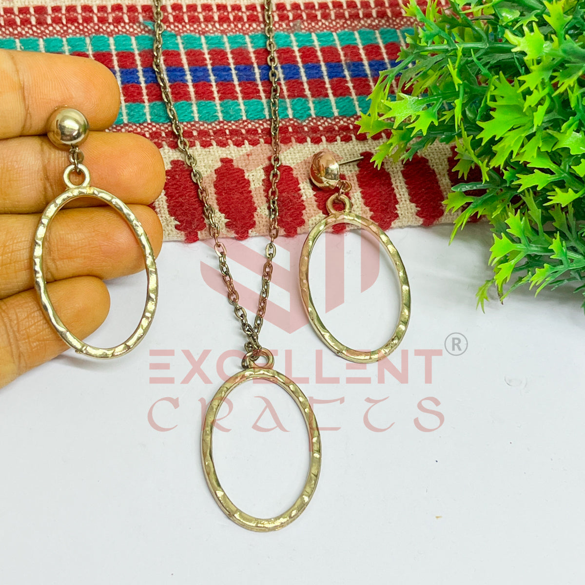 Oval Pendant Necklace with Earrings Bezel Set