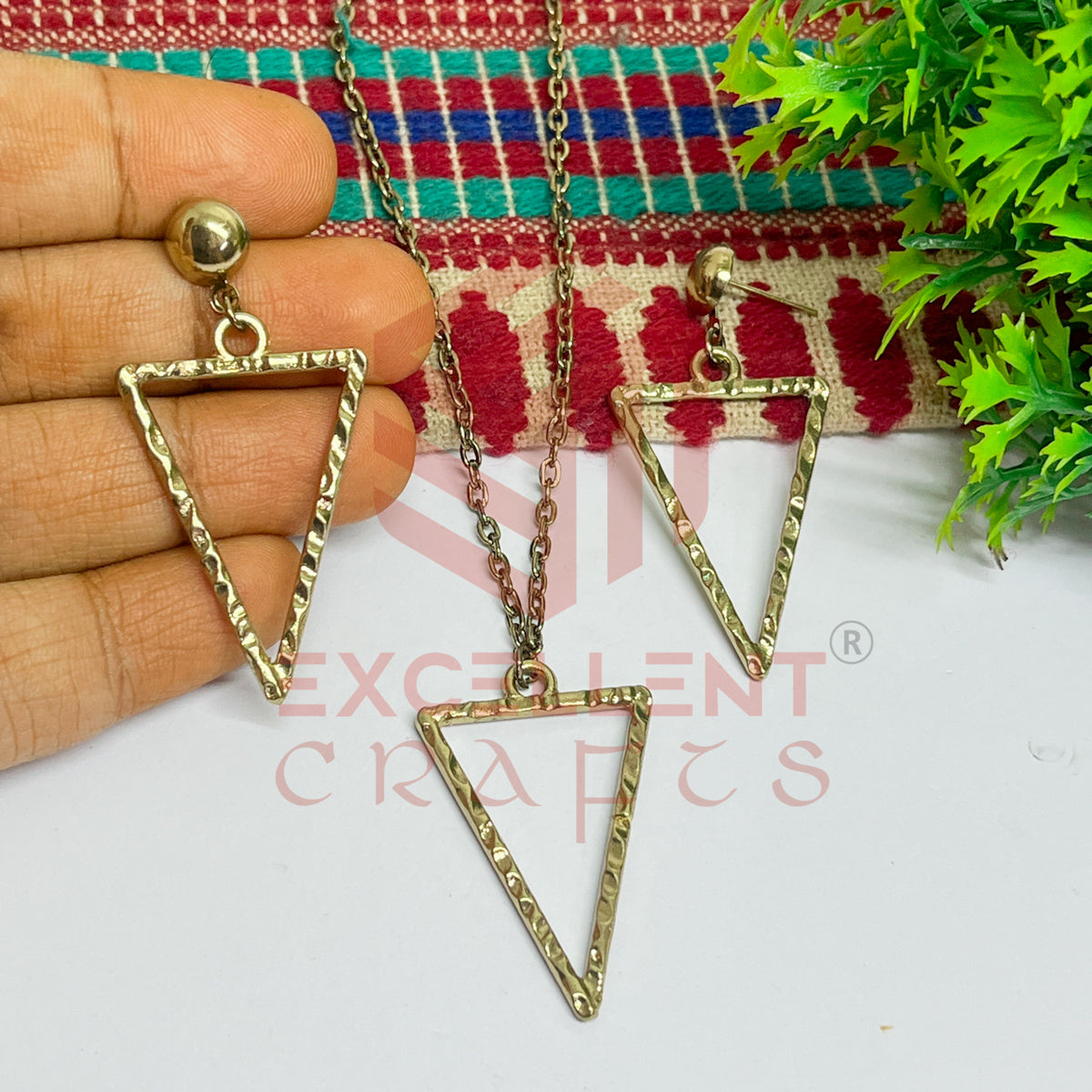 Triangle Pendant Necklace with Earrings Bezel Set