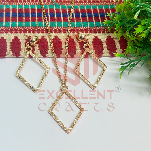 Diamond Shape Pendant Necklace with Earrings Bezel Set
