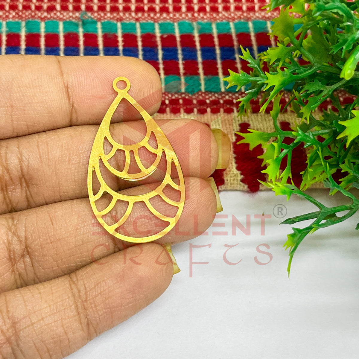 Raw Brass Drop Shape Charm with Jali Design - 1 Pc