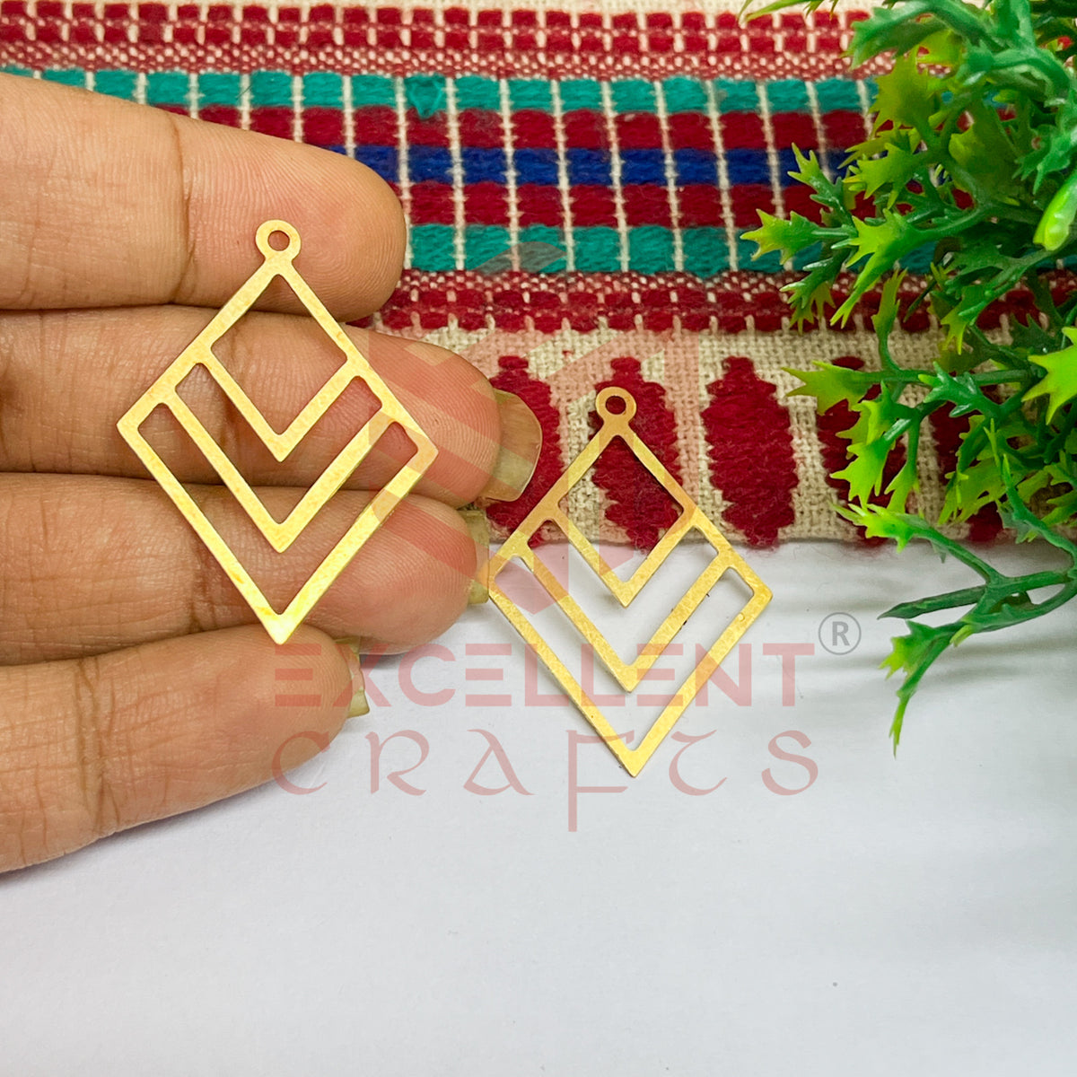 Raw Brass Charm with Three Layer Diamond Design 1 Pc