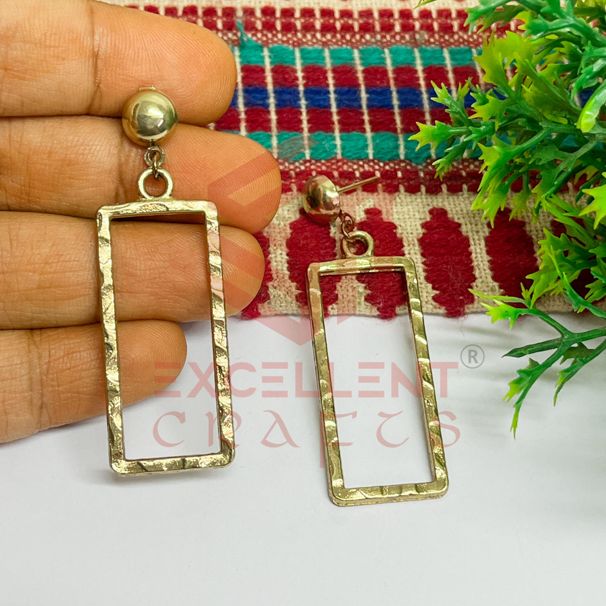 Ball Stud Long Rectangle Shape Texture Earring Bezels - (1Pair)
