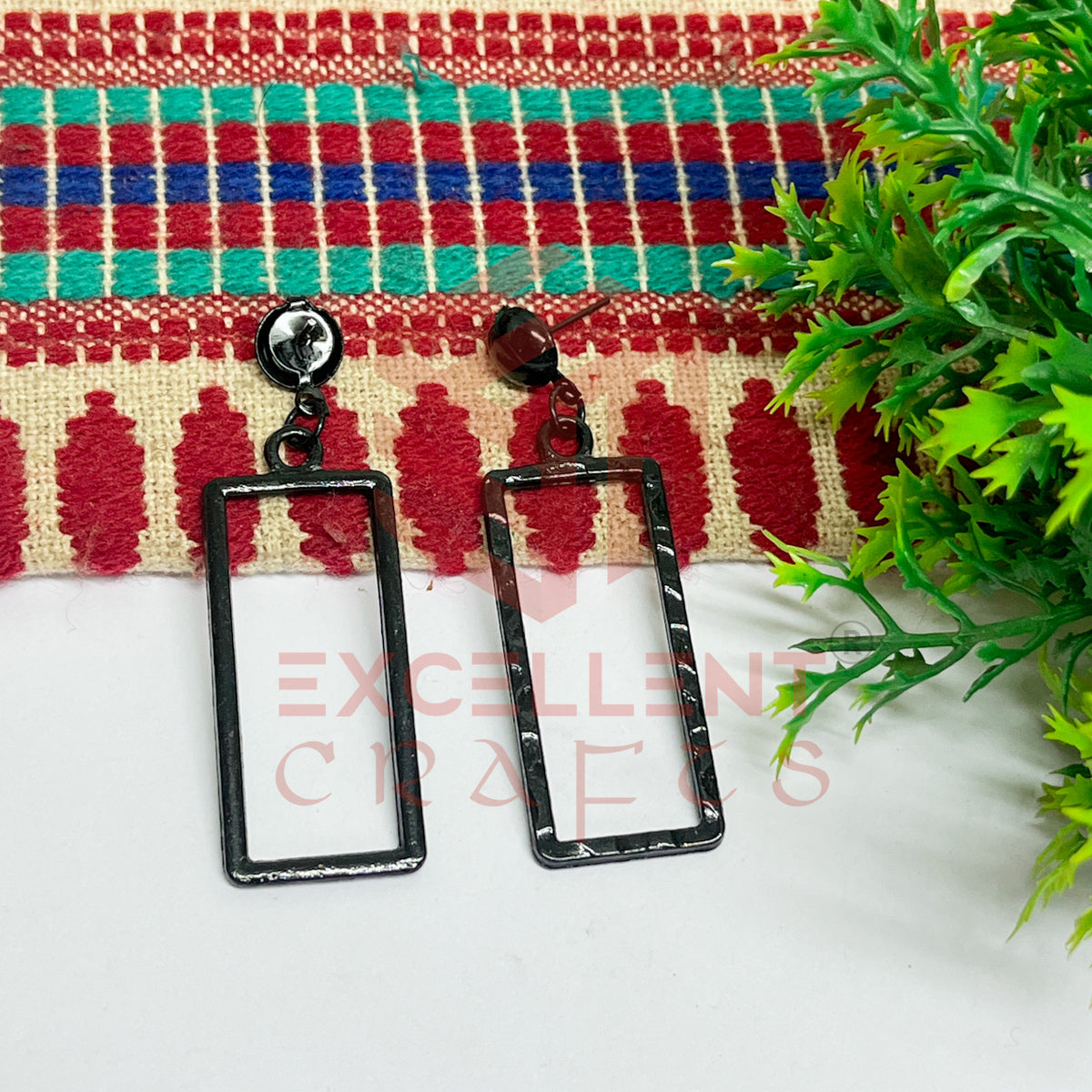 Ball Stud Long Rectangle Shape Texture Earring Bezels - (1Pair)