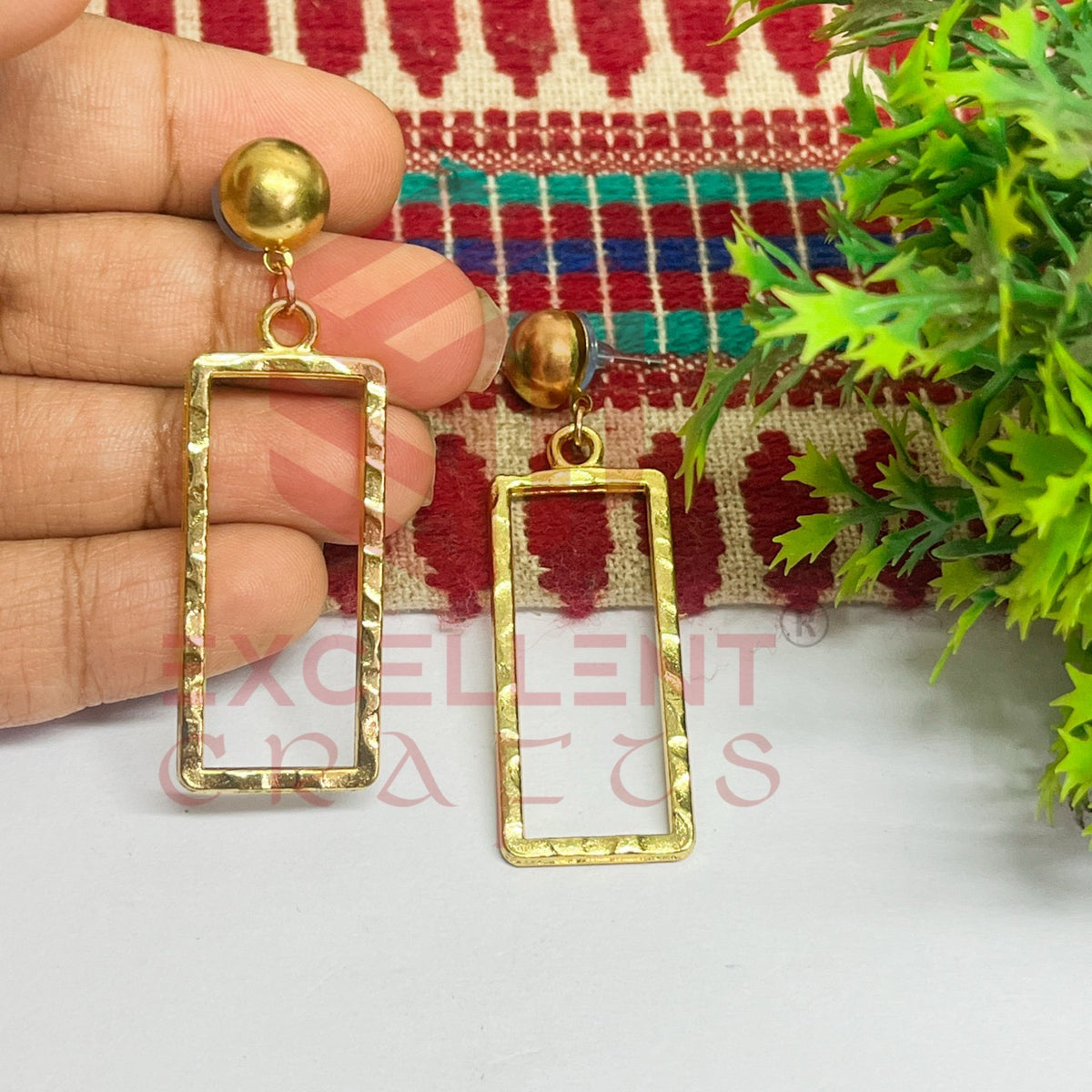 Ball Stud Long Rectangle Shape Texture Earring Bezels - (1Pair)