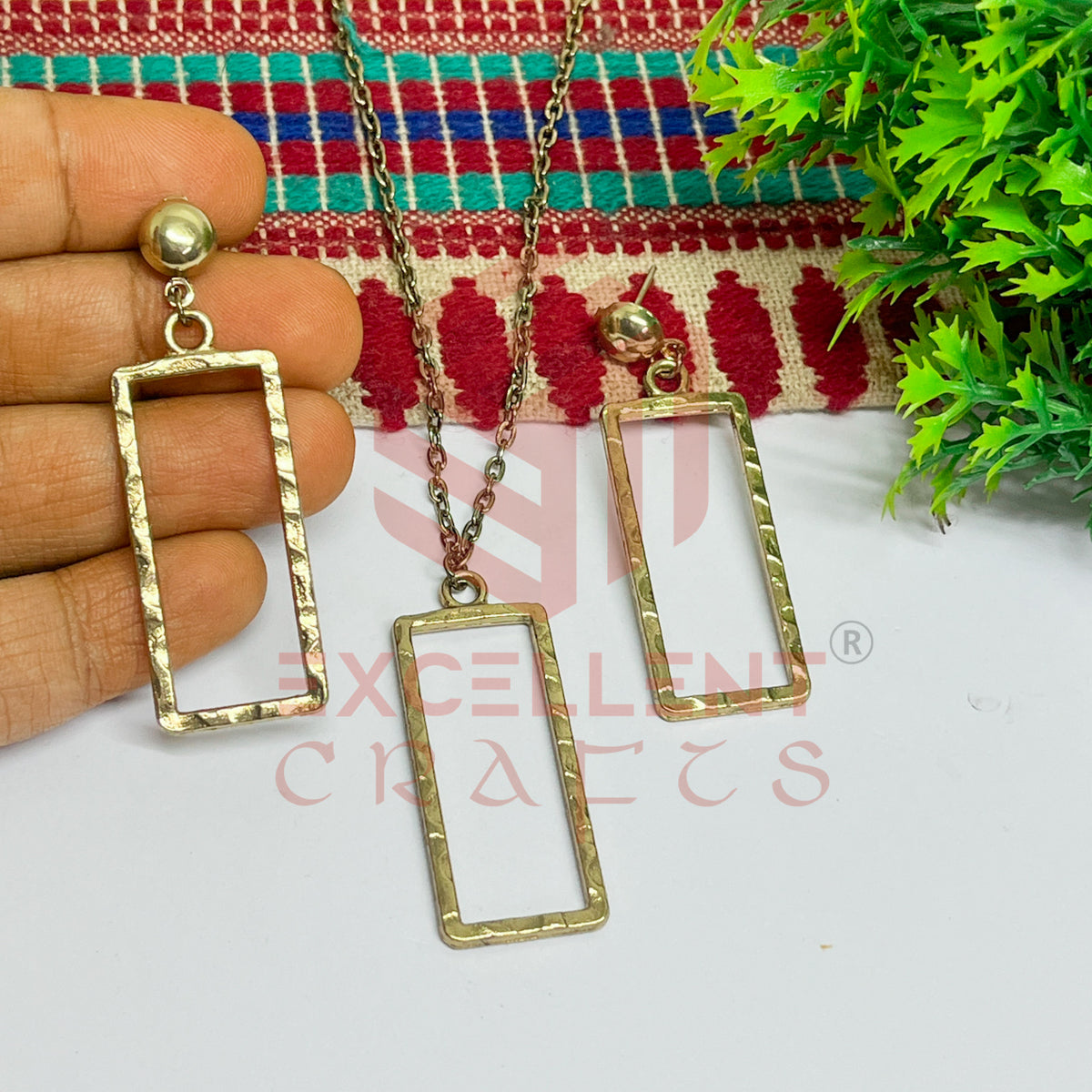 Long Rectangle Pendant Necklace with Earrings Bezel Set