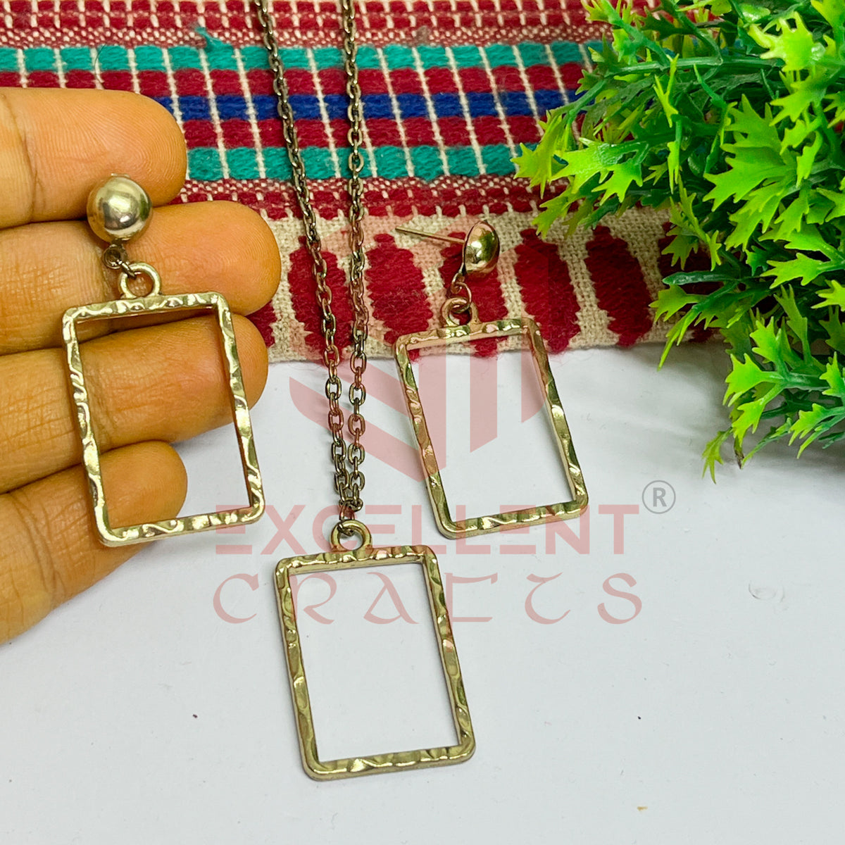 Rectangle Pendant Necklace with Earrings Bezel Set