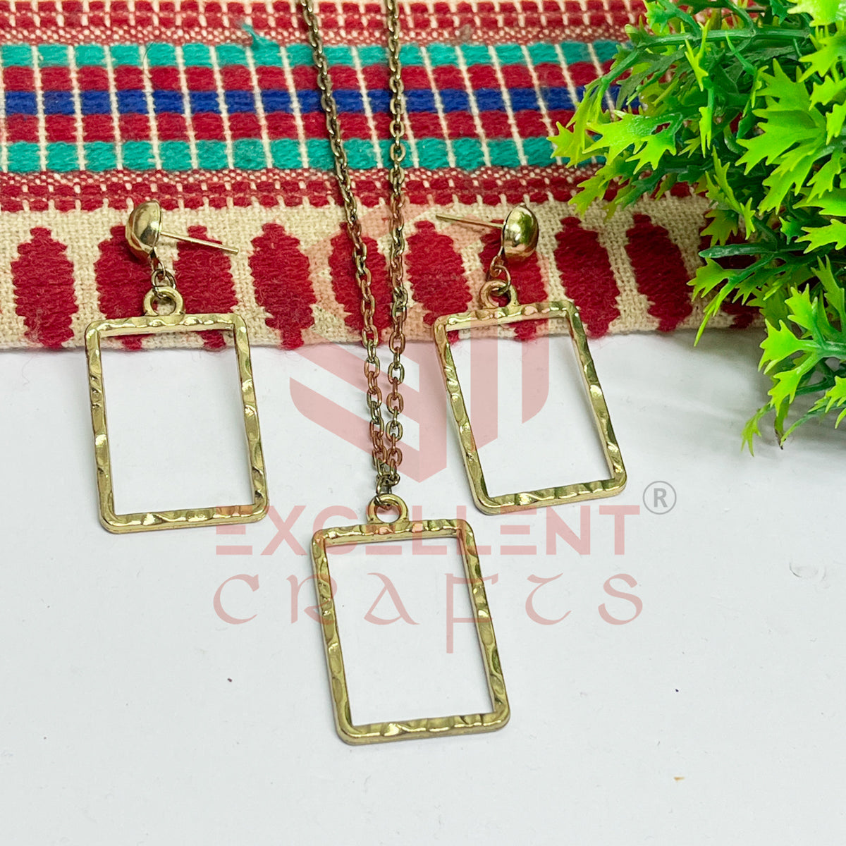 Rectangle Pendant Necklace with Earrings Bezel Set