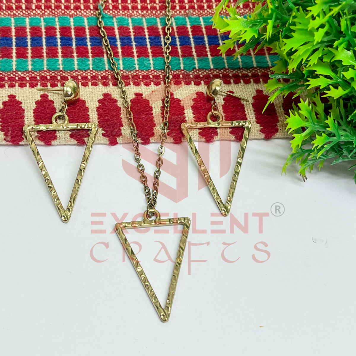 Triangle Pendant Necklace with Earrings Bezel Set