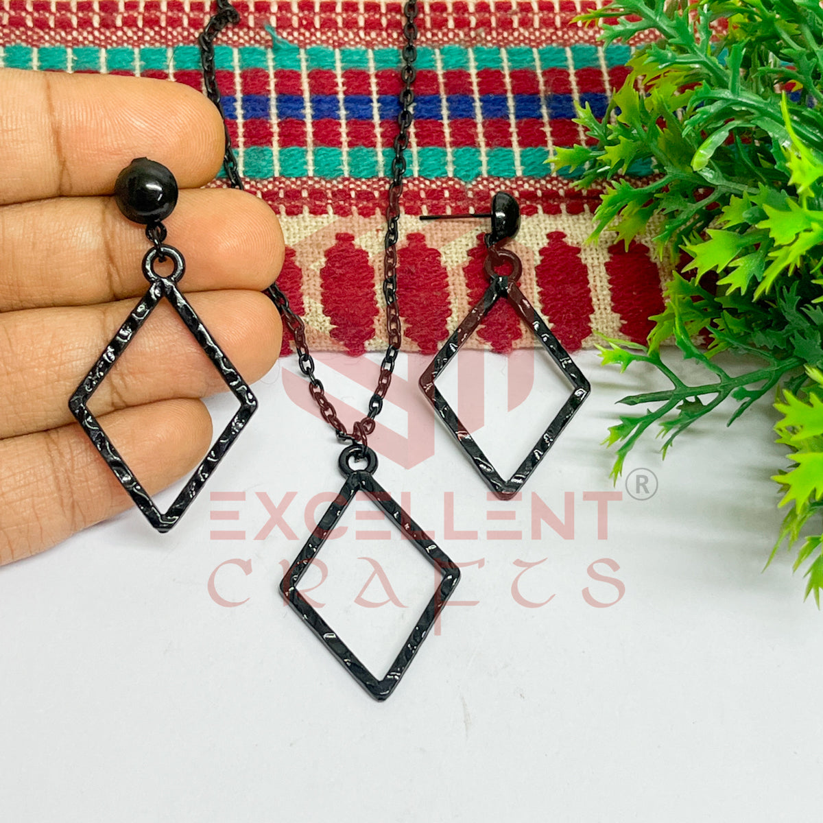Diamond Shape Pendant Necklace with Earrings Bezel Set