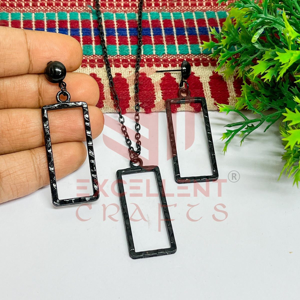 Long Rectangle Pendant Necklace with Earrings Bezel Set