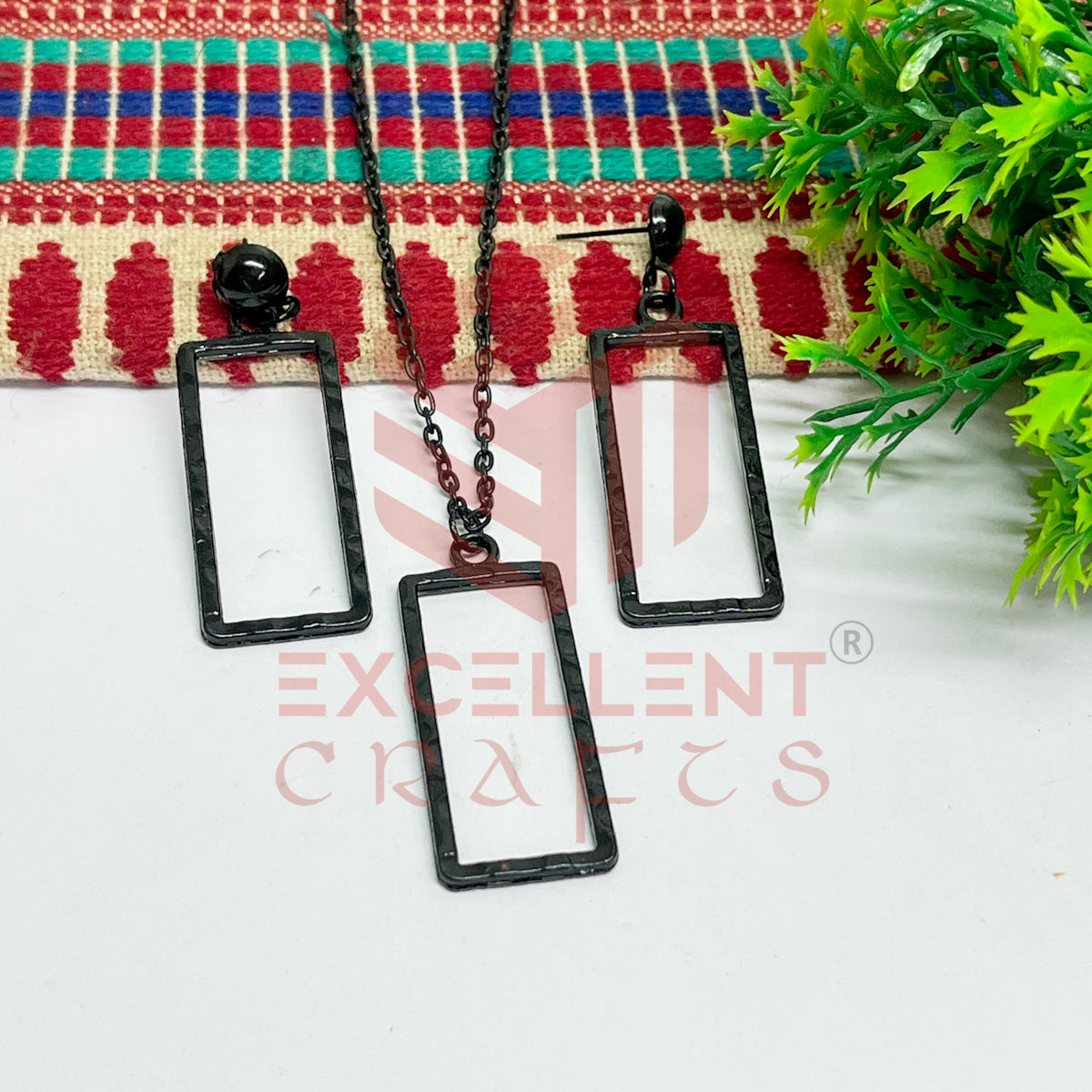 Long Rectangle Pendant Necklace with Earrings Bezel Set