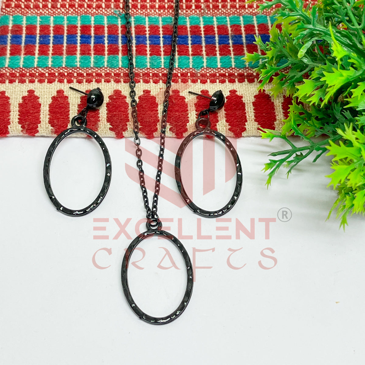 Oval Pendant Necklace with Earrings Bezel Set