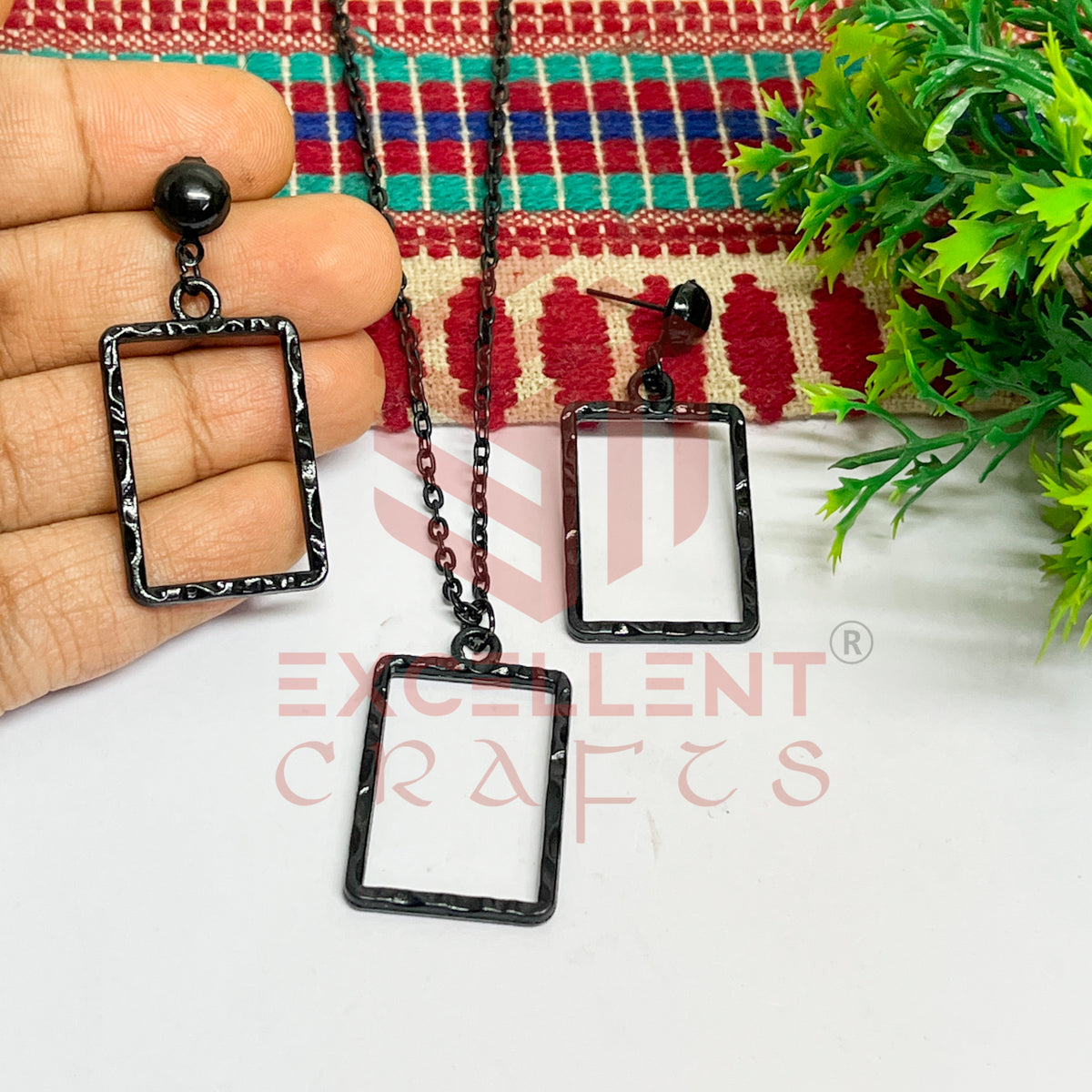 Rectangle Pendant Necklace with Earrings Bezel Set