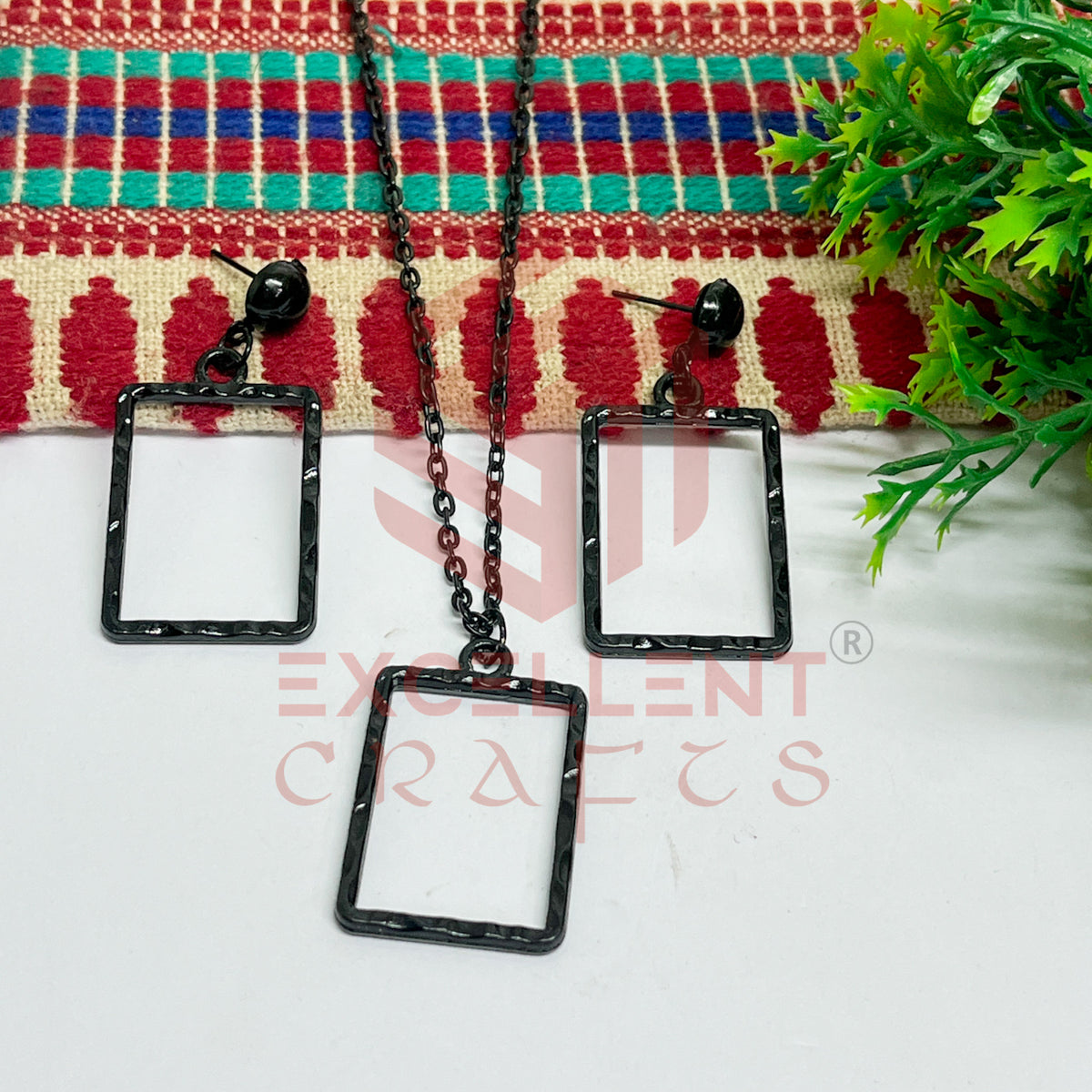 Rectangle Pendant Necklace with Earrings Bezel Set