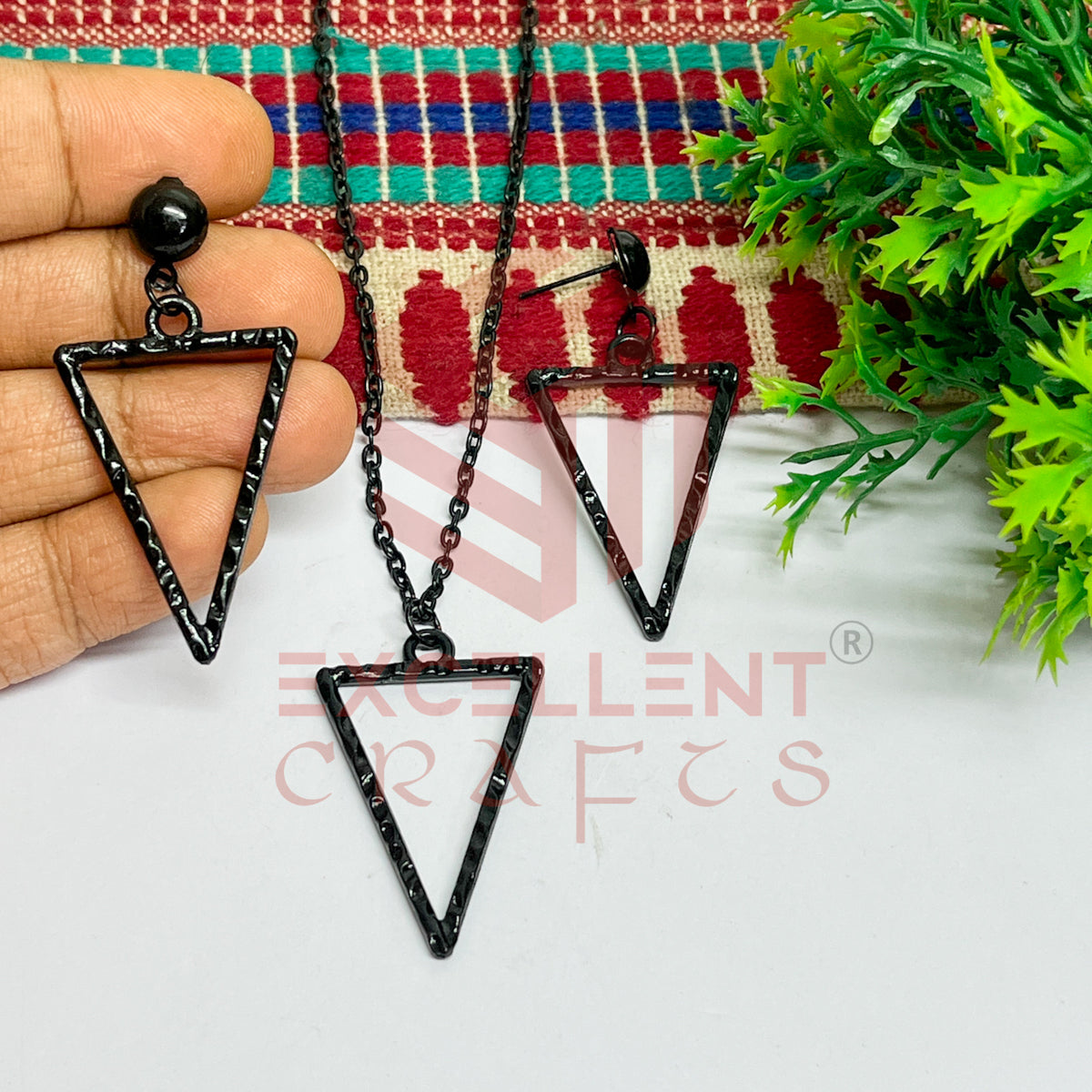 Triangle Pendant Necklace with Earrings Bezel Set