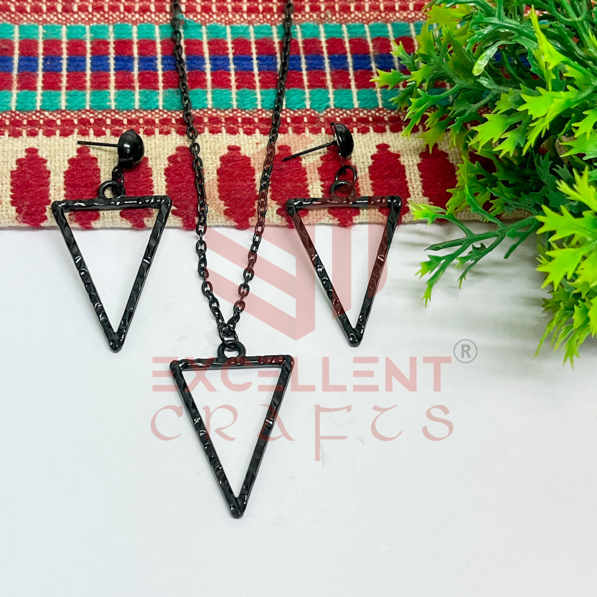 Triangle Pendant Necklace with Earrings Bezel Set