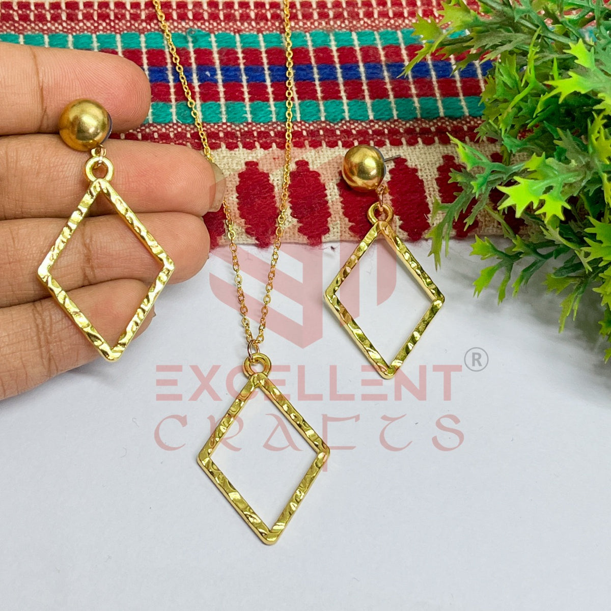 Diamond Shape Pendant Necklace with Earrings Bezel Set