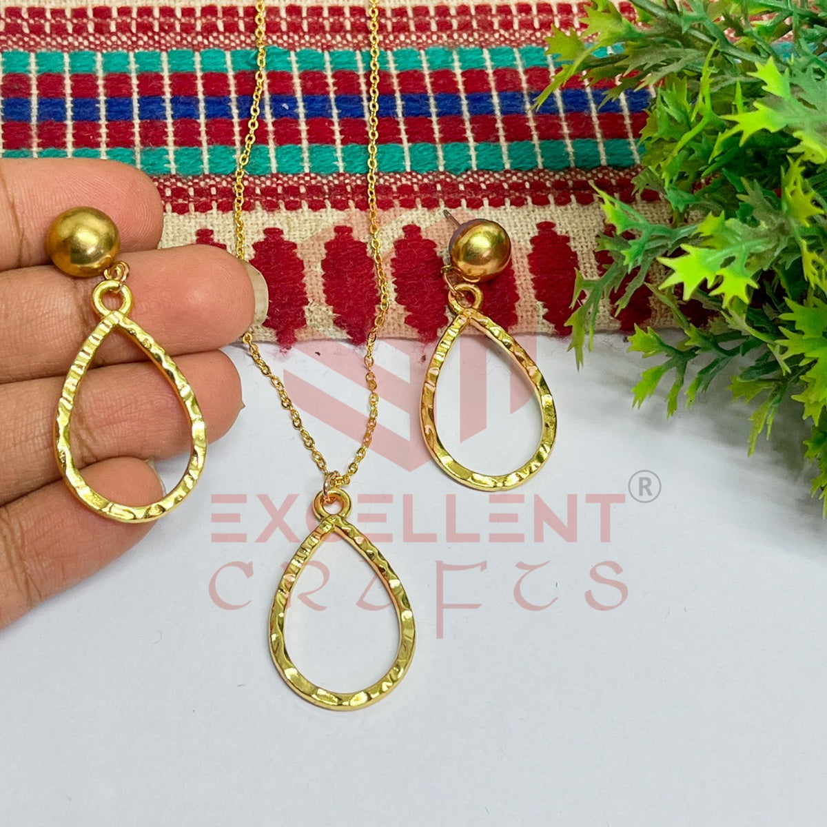 Drop Pendant Necklace with Earrings Bezel Set
