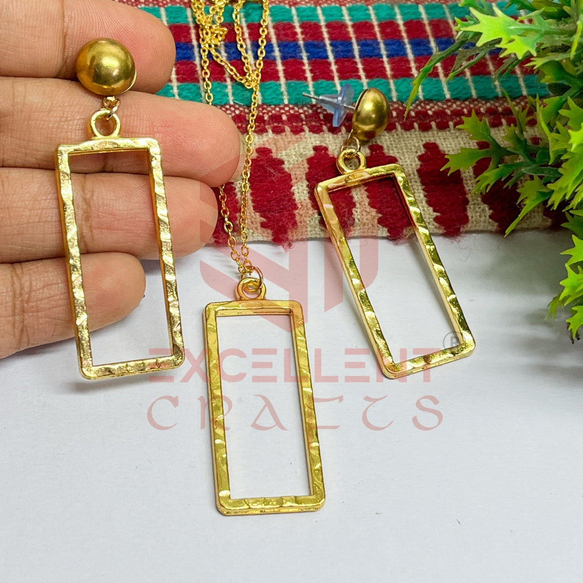 Long Rectangle Pendant Necklace with Earrings Bezel Set