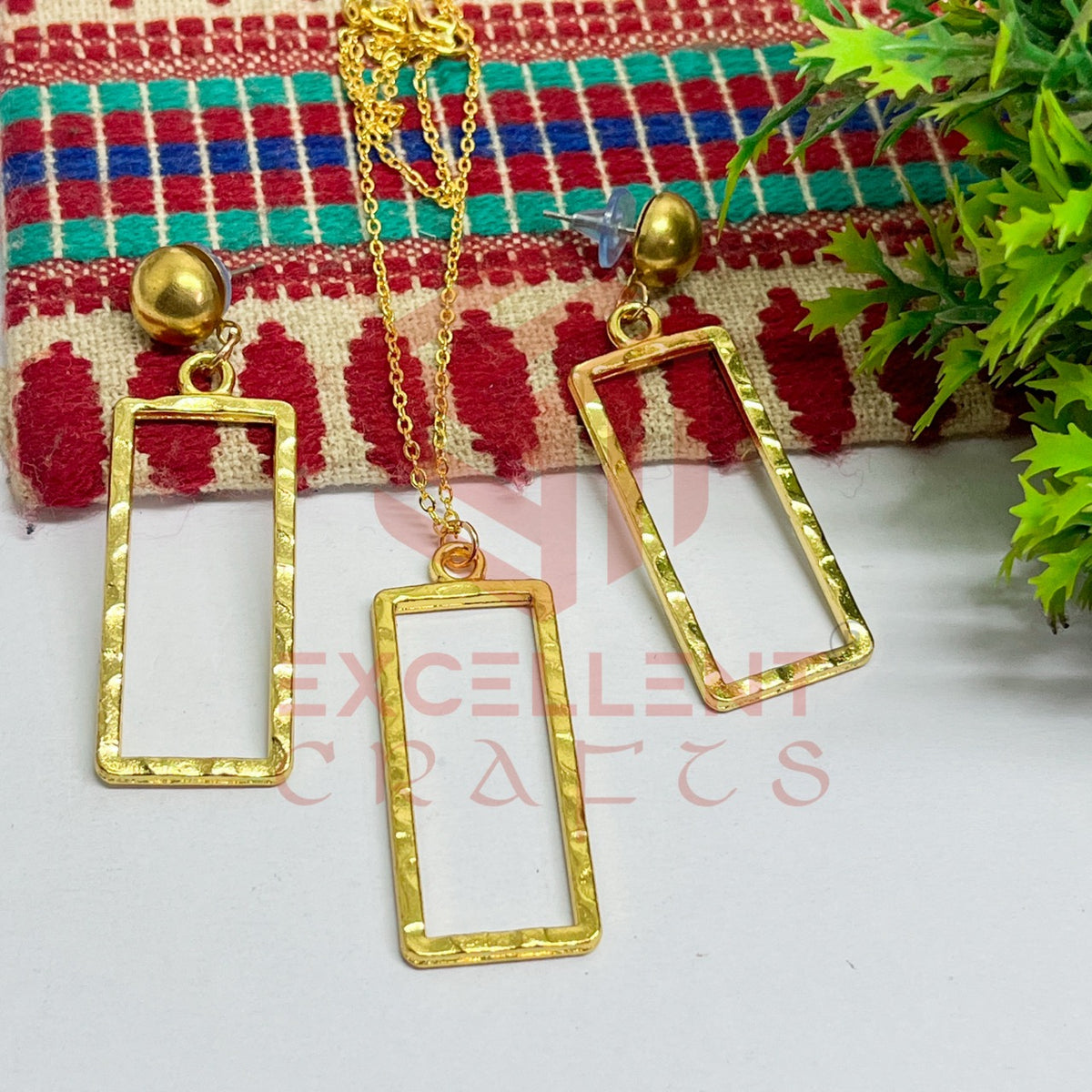 Long Rectangle Pendant Necklace with Earrings Bezel Set