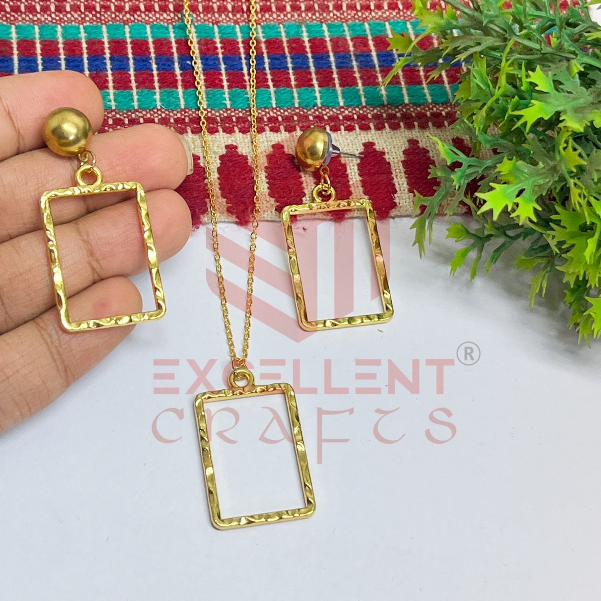 Rectangle Pendant Necklace with Earrings Bezel Set
