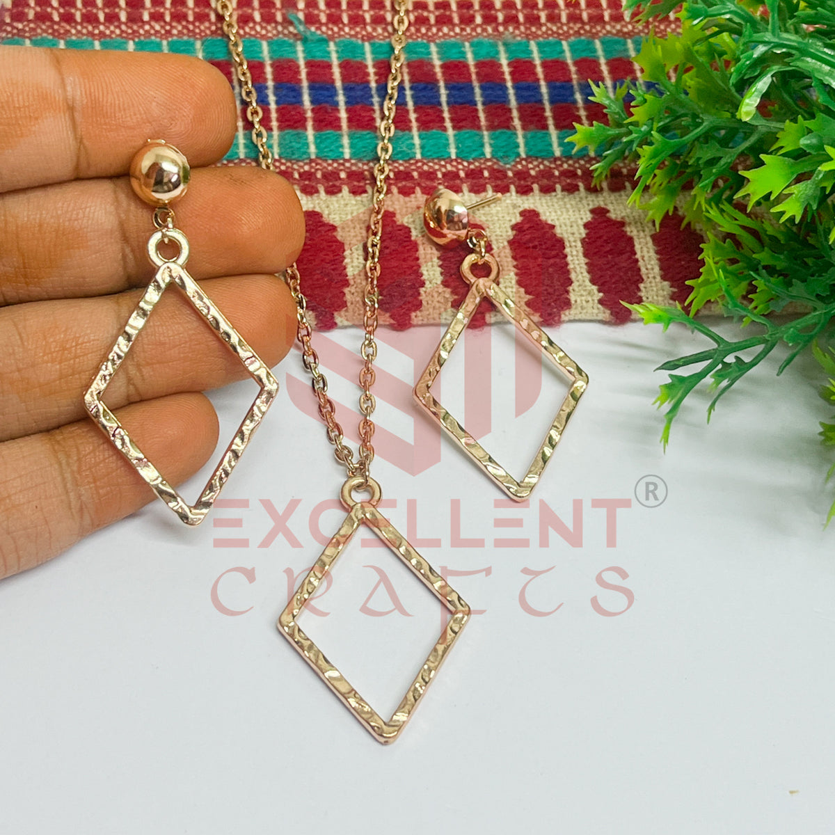 Diamond Shape Pendant Necklace with Earrings Bezel Set