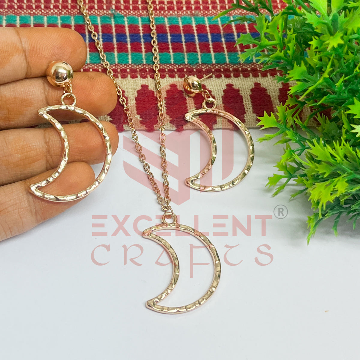 Halfmoon Pendant Necklace with Earrings Bezel Set