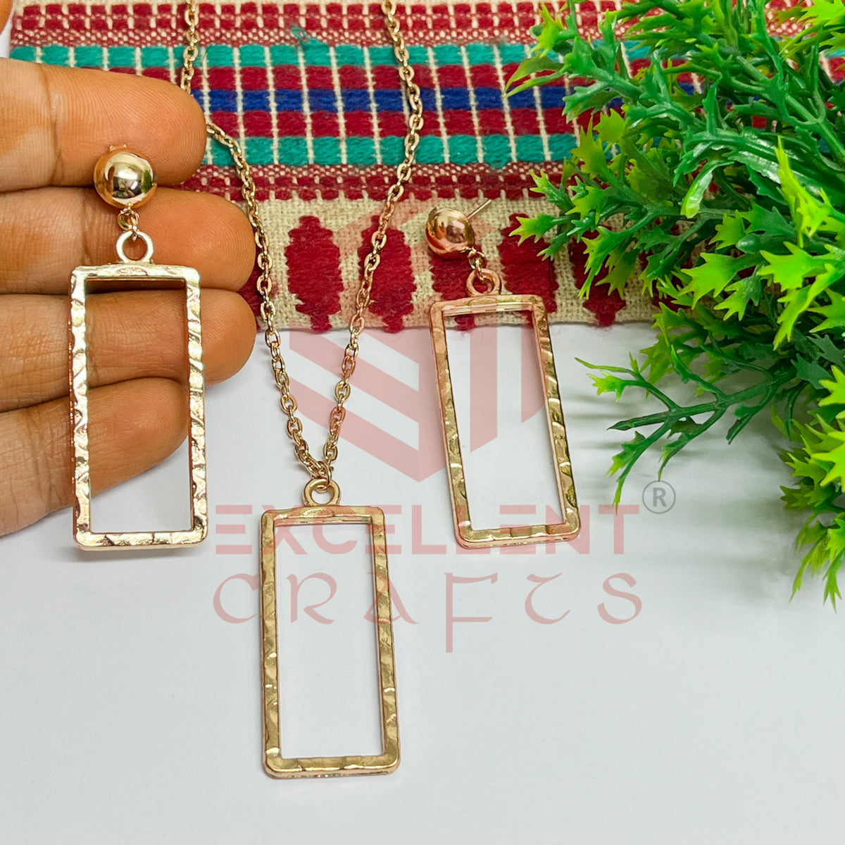 Long Rectangle Pendant Necklace with Earrings Bezel Set