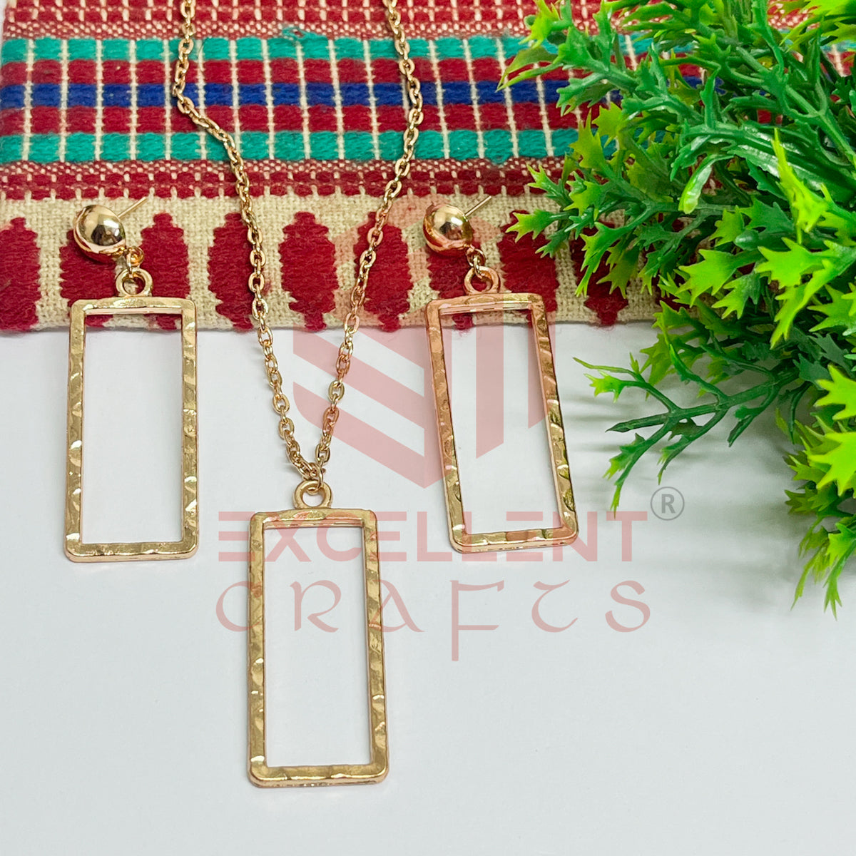 Long Rectangle Pendant Necklace with Earrings Bezel Set