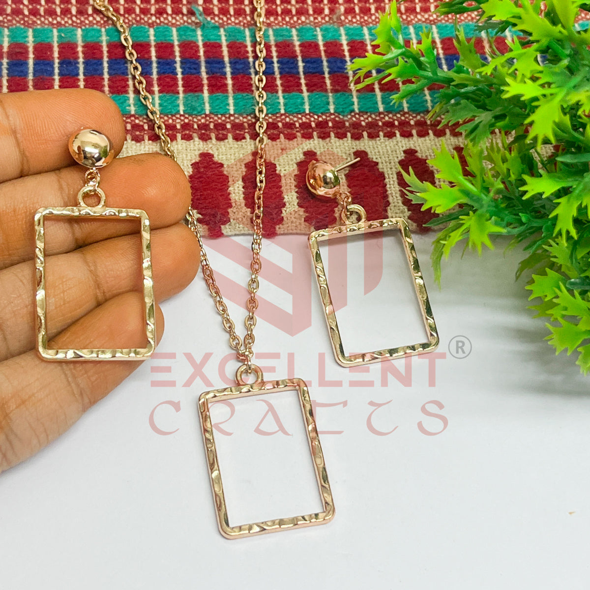 Rectangle Pendant Necklace with Earrings Bezel Set