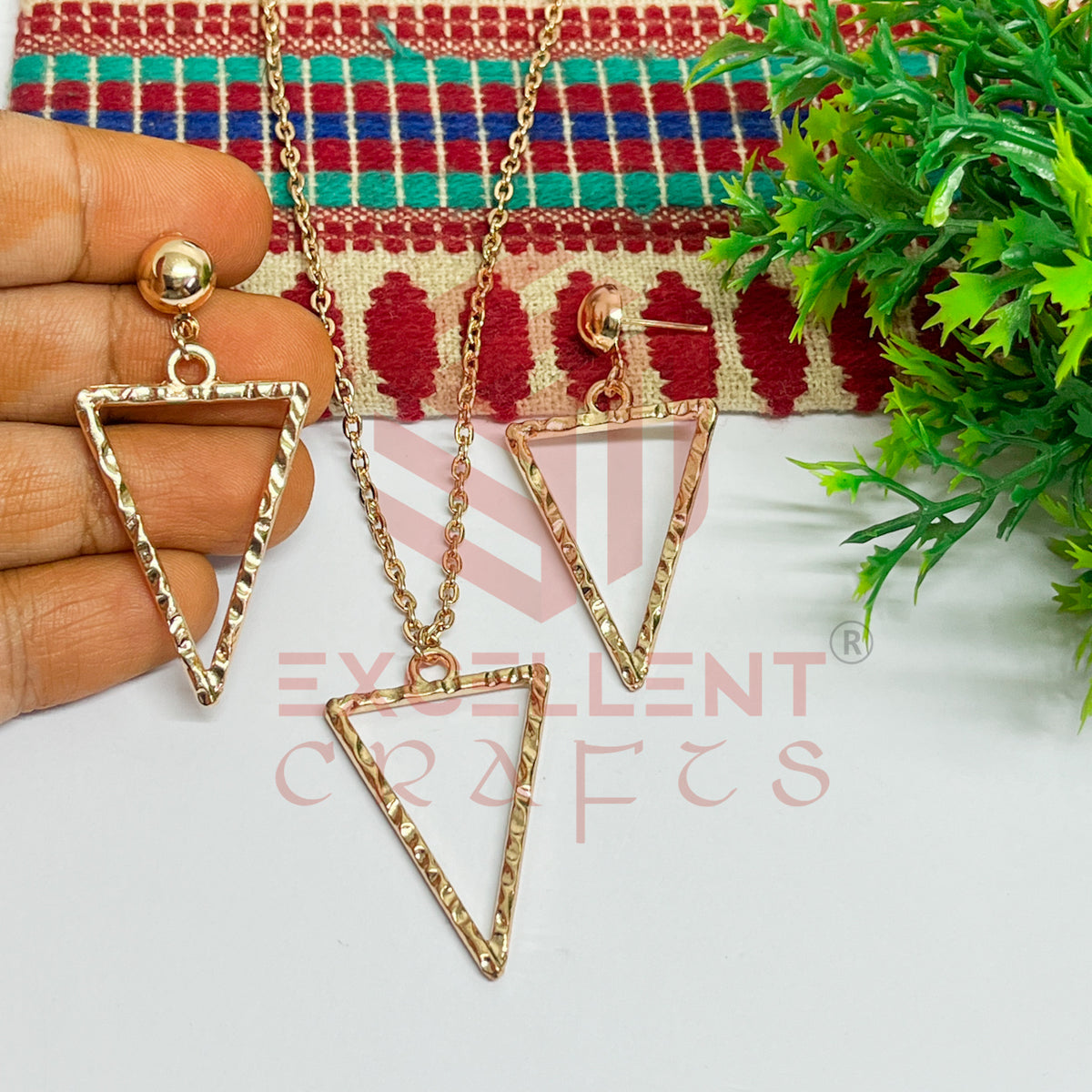 Triangle Pendant Necklace with Earrings Bezel Set