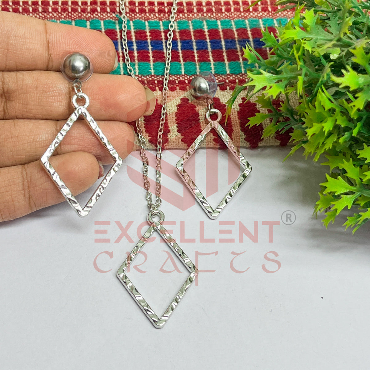 Diamond Shape Pendant Necklace with Earrings Bezel Set