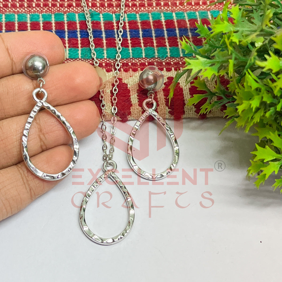 Drop Pendant Necklace with Earrings Bezel Set