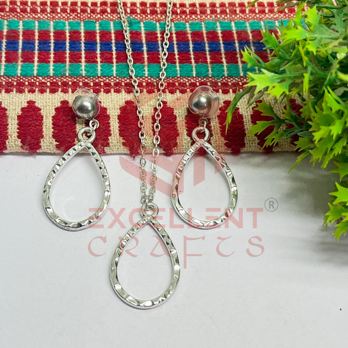 Drop Pendant Necklace with Earrings Bezel Set