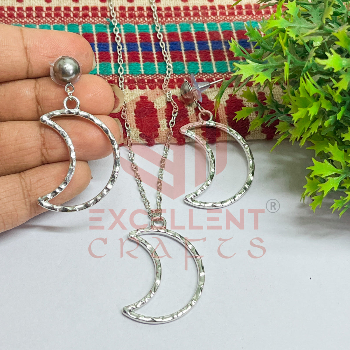 Halfmoon Pendant Necklace with Earrings Bezel Set