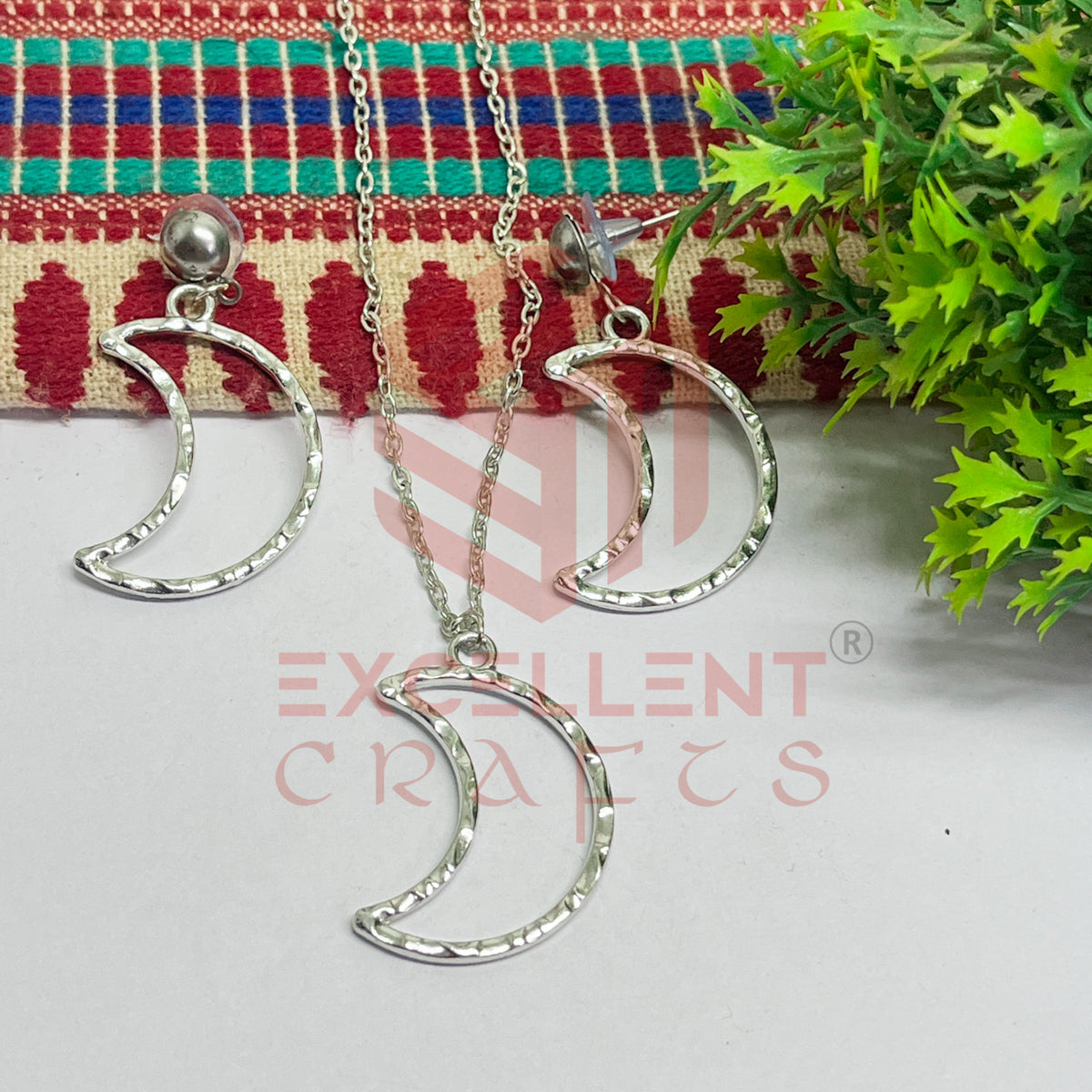 Halfmoon Pendant Necklace with Earrings Bezel Set