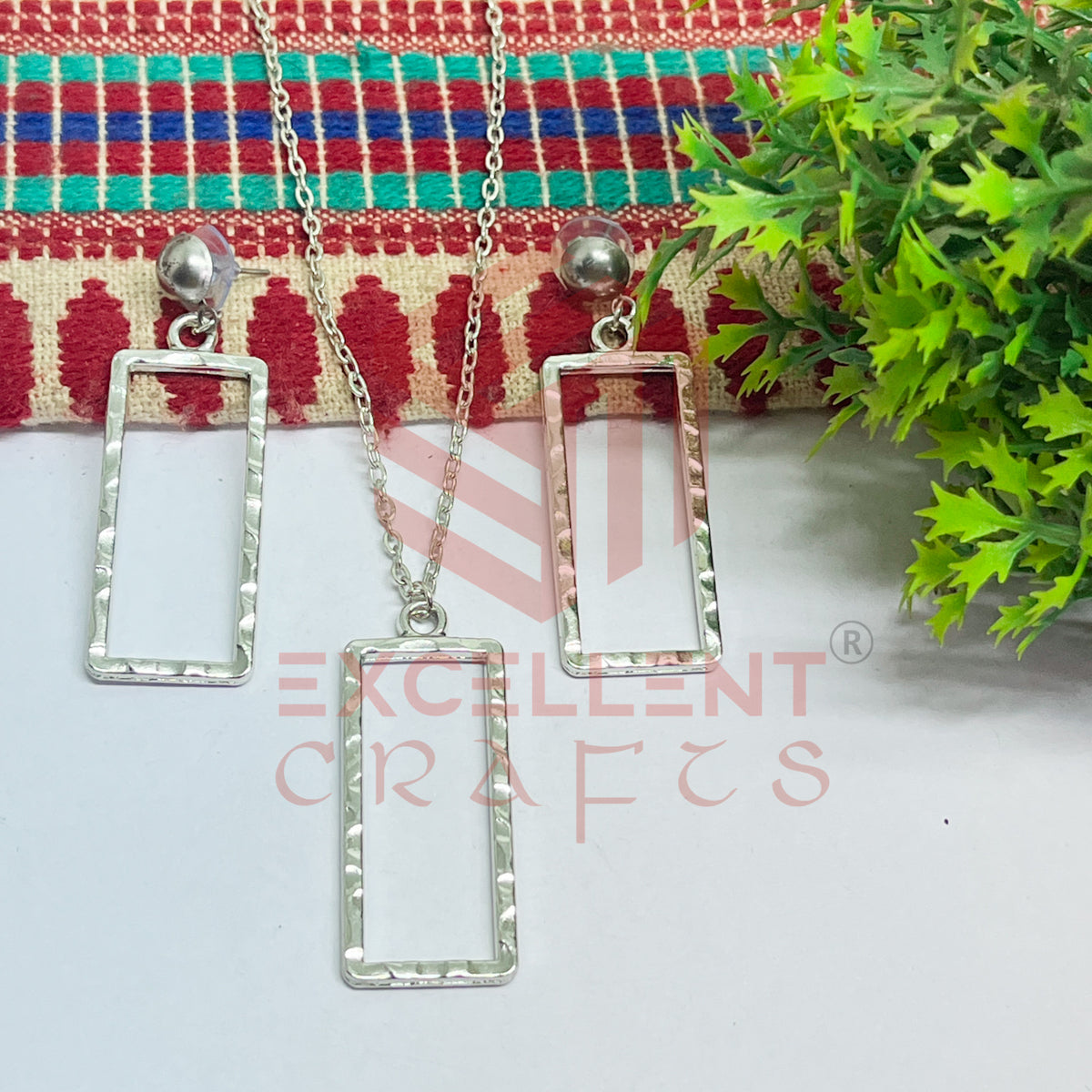 Long Rectangle Pendant Necklace with Earrings Bezel Set