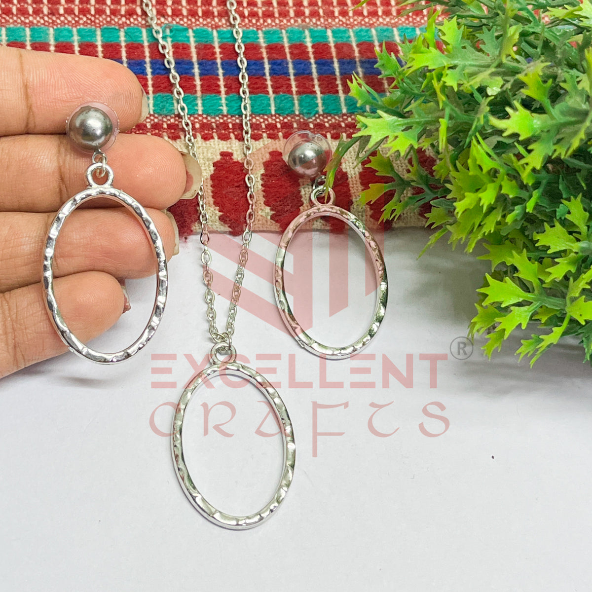 Oval Pendant Necklace with Earrings Bezel Set