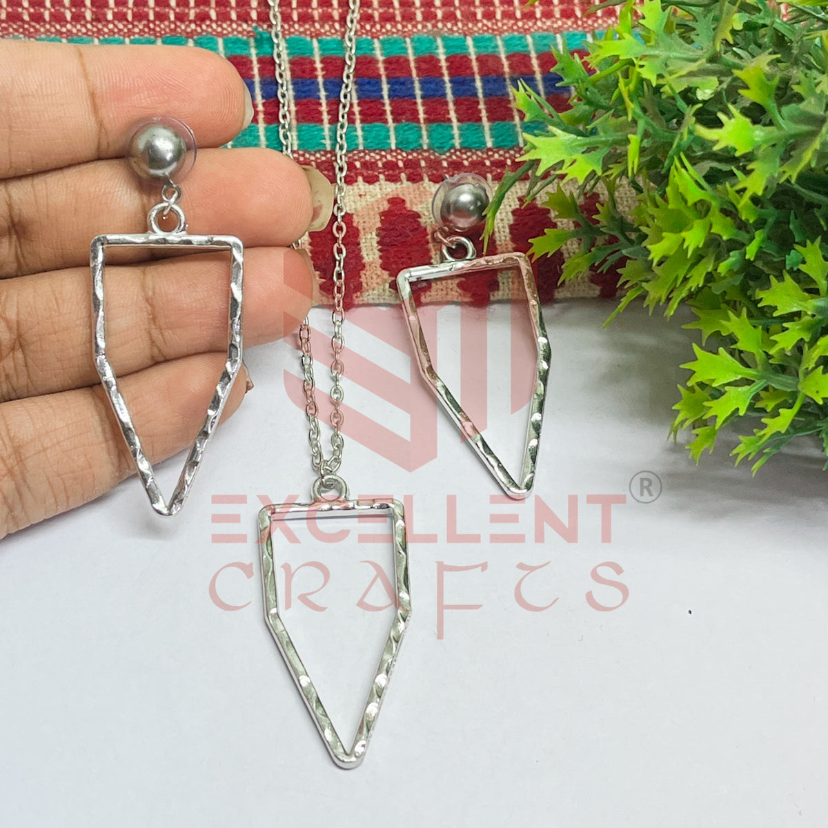 Pentagon Pendant Necklace with Earrings Bezel Set