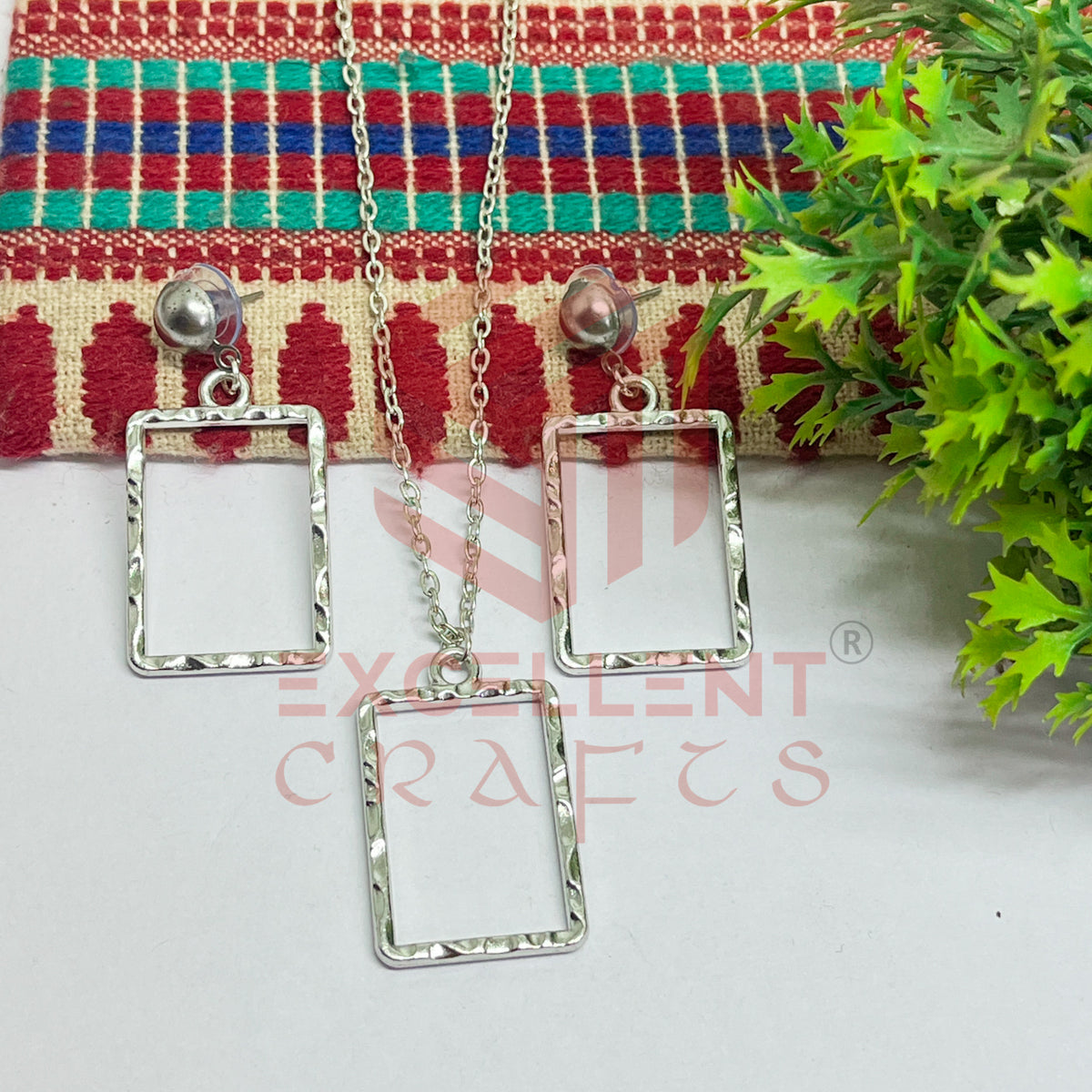 Rectangle Pendant Necklace with Earrings Bezel Set