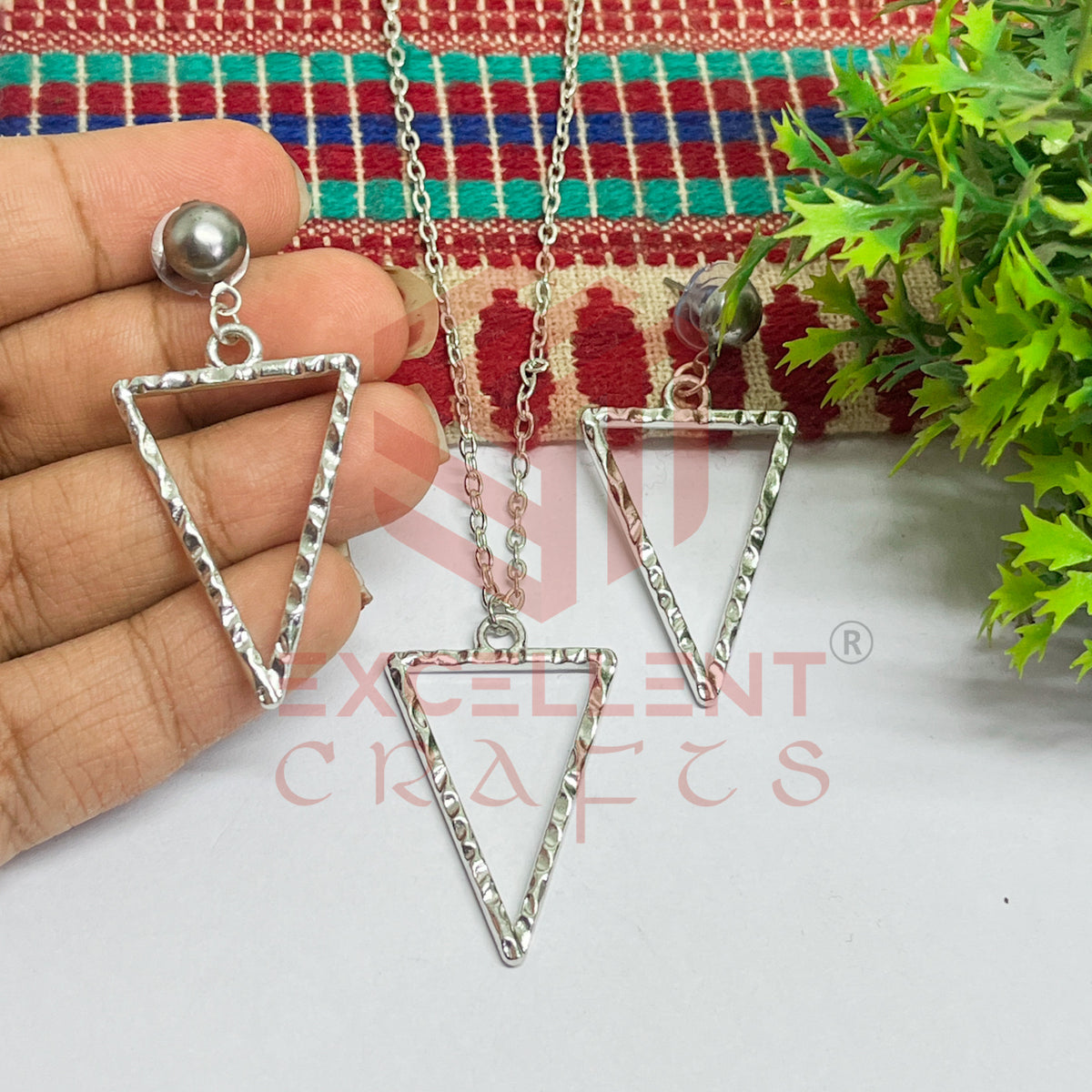 Triangle Pendant Necklace with Earrings Bezel Set