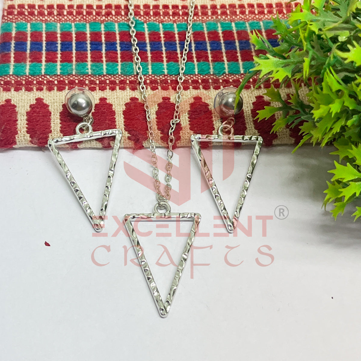 Triangle Pendant Necklace with Earrings Bezel Set