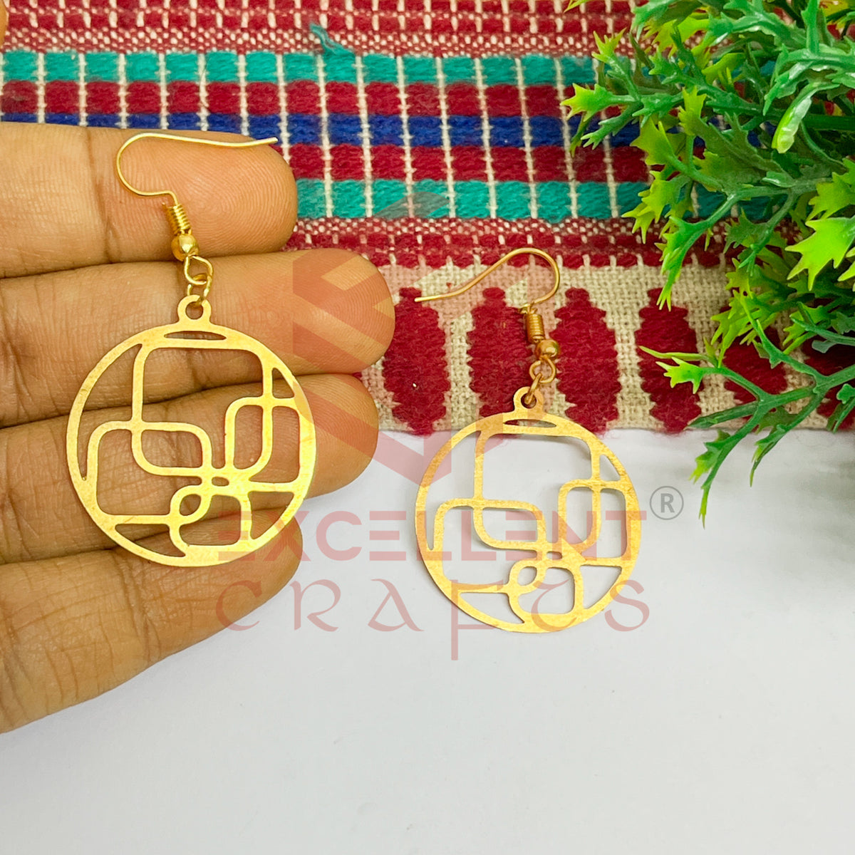 Round with Geometry Pattern Brass Charm Earrings