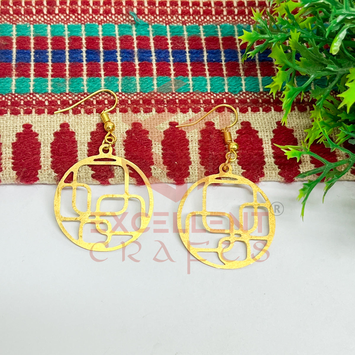 Round with Geometry Pattern Brass Charm Earrings