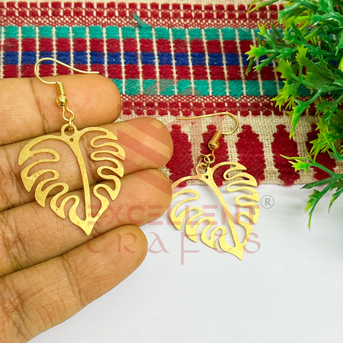 Leaf Pattern Brass Charm Earrings