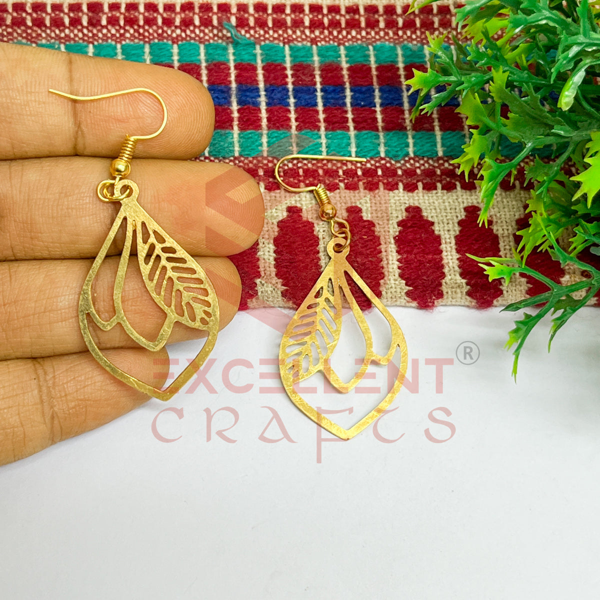 Petal Shape with Leaf Pattern Brass Charm Earrings