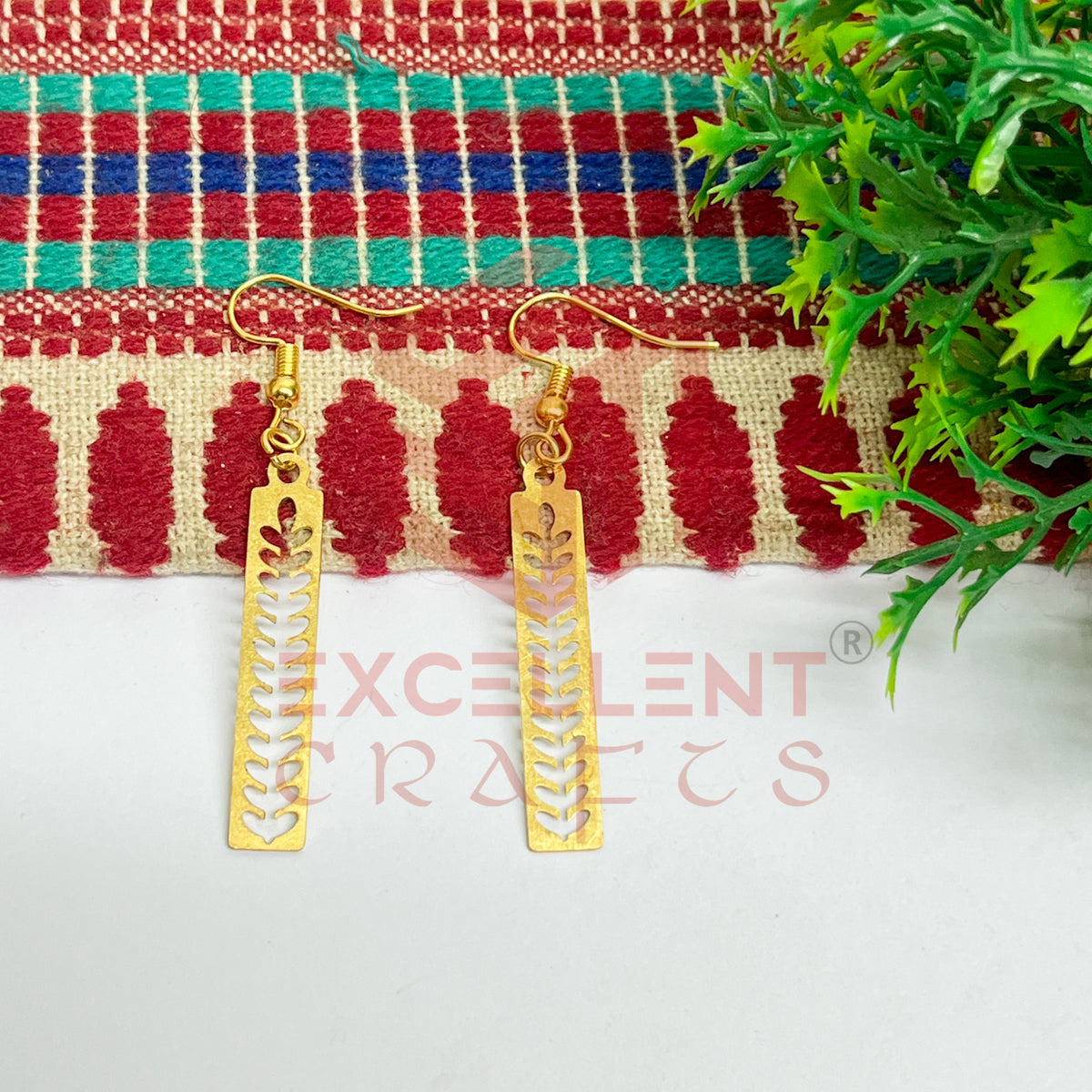 Rectangle with Leaf Pattern Brass Charm Earrings