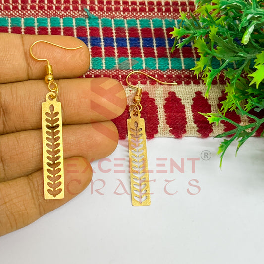 Rectangle with Leaf Pattern Brass Charm Earrings