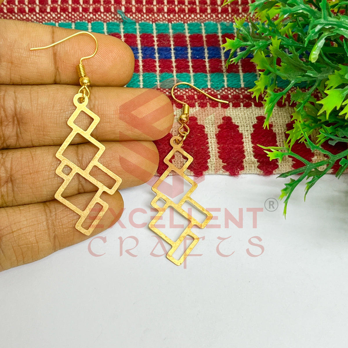 Square Geometry Pattern Brass Charm Earrings